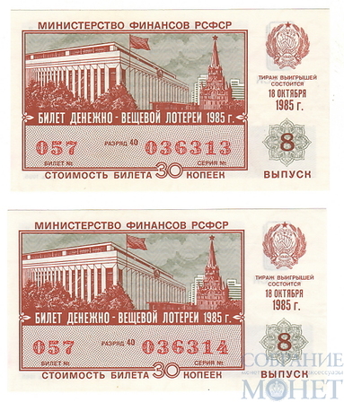 Билет денежно-вещевой лотереи, 18 октября 1985 года, Министерство Финансов РСФСР, выпуск 8, 2 шт.