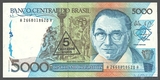 5000 крузейро, 1989 г., Бразилия, с надпечаткой
