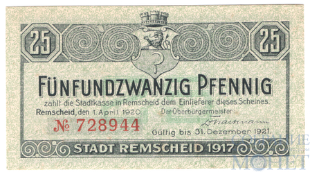 25 пфеннигов, 1921 г., Ремшайд