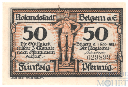 50 пфеннигов, 1921 г., Бельгерн(Саксония)"Фридрих дер Гробе в начале 7-летней войны на Рыночной площади в Бельгерне"