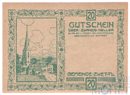 20 геллеров, 1921 г., Цветтль(Нижняя Австрия)